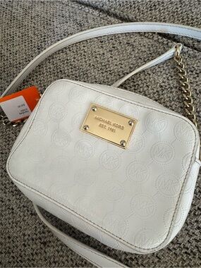 Michael Kors White Logo Embossed Crossbody with Gold Plate